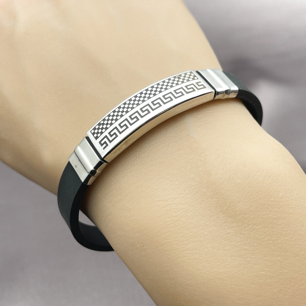Stainless Steel Fancy Bracelet, Greek Key Design, Polished, Steel Finish