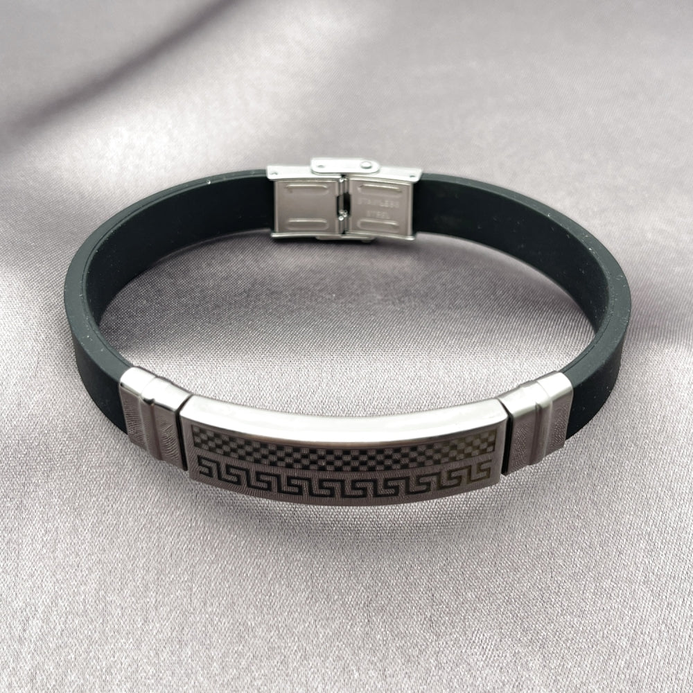 Stainless Steel Fancy Bracelet, Greek Key Design, Polished, Steel Finish