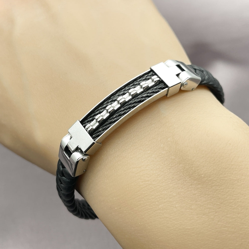 Stainless Steel Fancy Bracelet, Black Leather Finish, Steel Finish