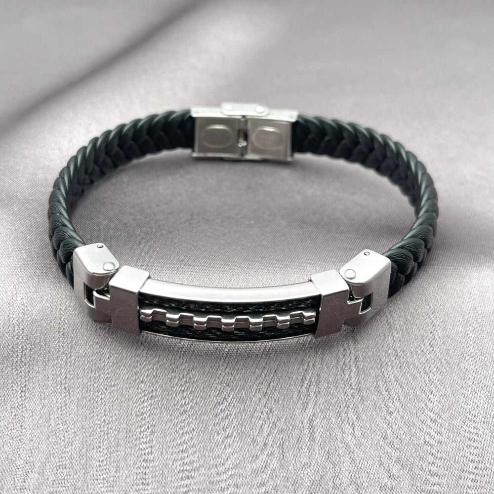 Stainless Steel Fancy Bracelet, Black Leather Finish, Steel Finish