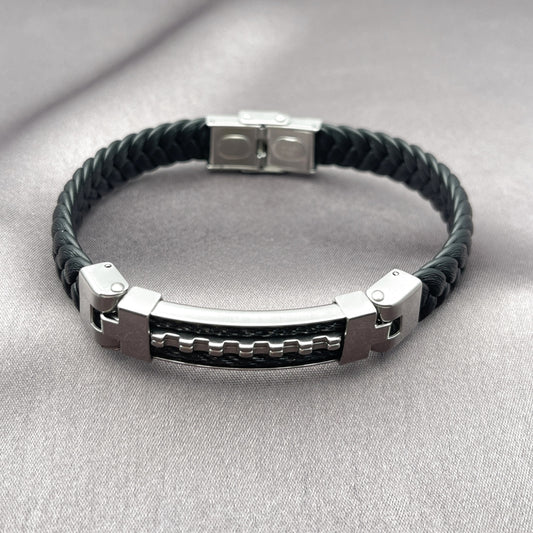 Stainless Steel Fancy Bracelet, Black Leather Finish, Steel Finish