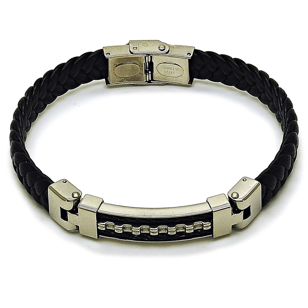 Stainless Steel Fancy Bracelet, Black Leather Finish, Steel Finish