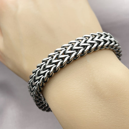 Stainless Steel Fancy Bracelet, Square Franco Design, Polished, Steel Finish