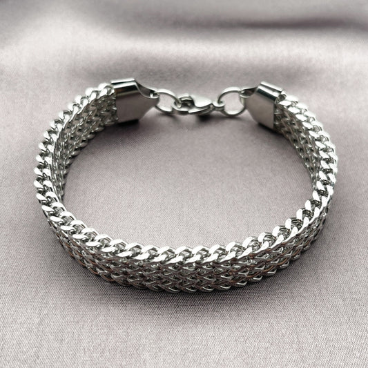Stainless Steel Fancy Bracelet, Square Franco Design, Polished, Steel Finish