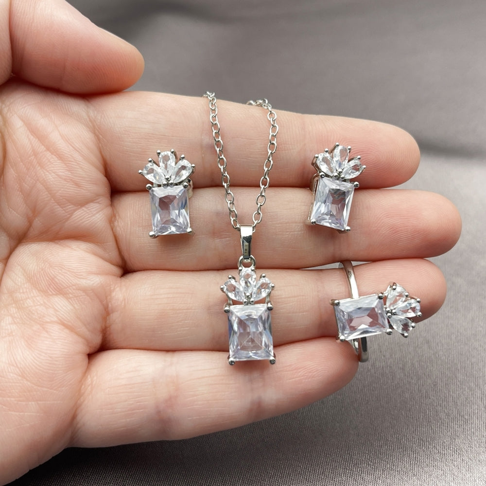 Rhodium Gold Filled Necklace, Earring and Ring, Pineapple Design, with White Cubic Zirconia, Polished, Rhodium Finish