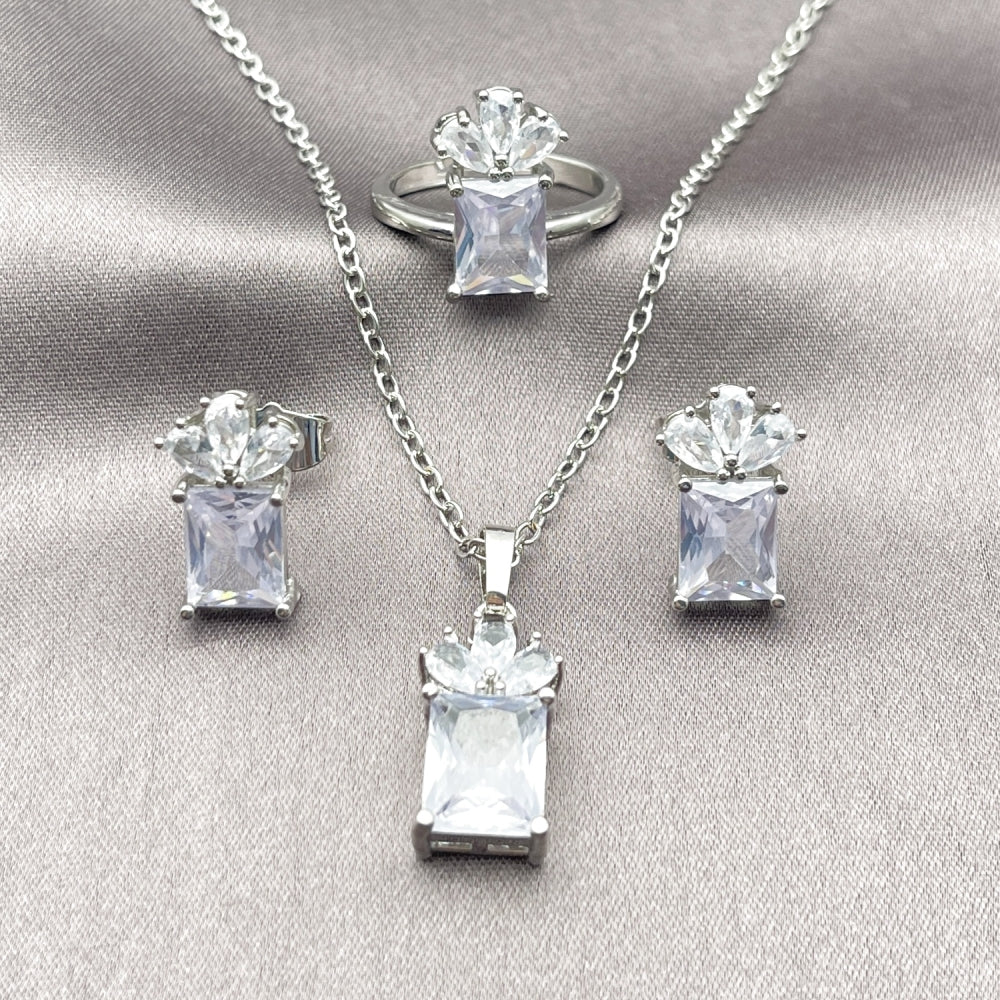 Rhodium Gold Filled Necklace, Earring and Ring, Pineapple Design, with White Cubic Zirconia, Polished, Rhodium Finish
