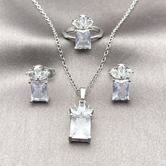 Rhodium Gold Filled Necklace, Earring and Ring, Pineapple Design, with White Cubic Zirconia, Polished, Rhodium Finish