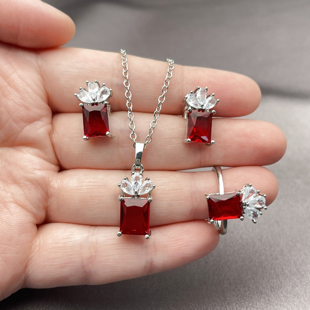 Rhodium Gold Filled Necklace, Earring and Ring, Pineapple Design, with Garnet and White Cubic Zirconia, Polished, Rhodium Finish
