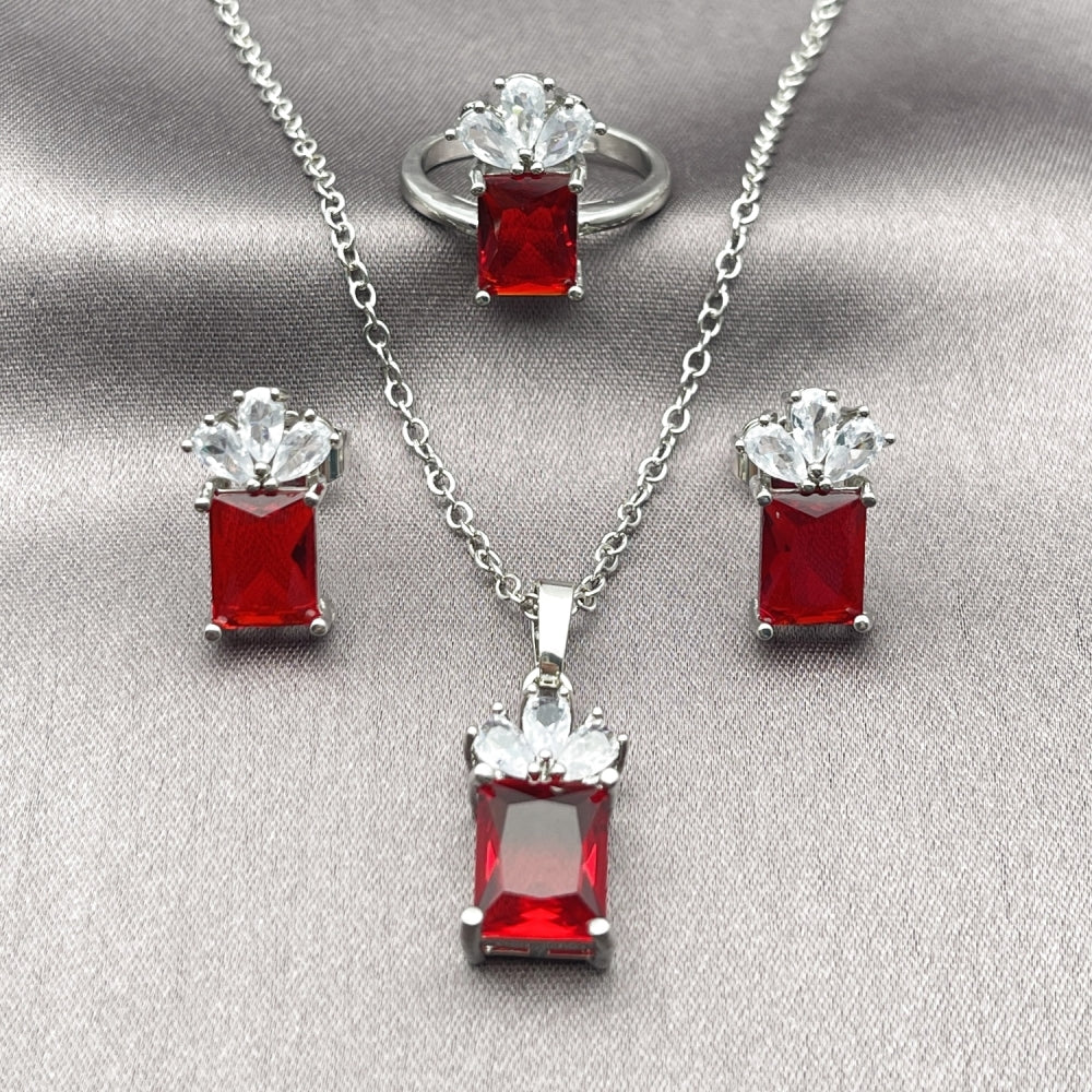 Rhodium Gold Filled Necklace, Earring and Ring, Pineapple Design, with Garnet and White Cubic Zirconia, Polished, Rhodium Finish