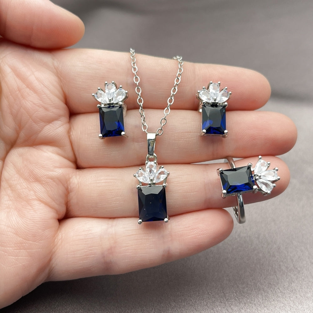 Rhodium Gold Filled Necklace, Earring and Ring, Pineapple Design, with Sapphire Blue and White Cubic Zirconia, Polished, Rhodium Finish