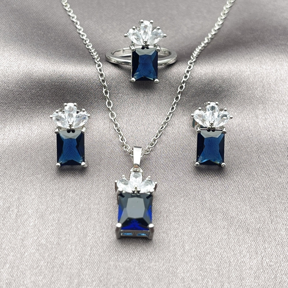 Rhodium Gold Filled Necklace, Earring and Ring, Pineapple Design, with Sapphire Blue and White Cubic Zirconia, Polished, Rhodium Finish