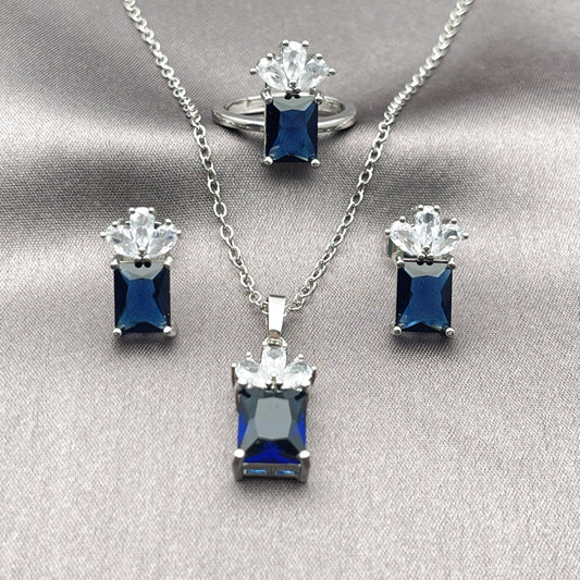 Rhodium Gold Filled Necklace, Earring and Ring, Pineapple Design, with Sapphire Blue and White Cubic Zirconia, Polished, Rhodium Finish