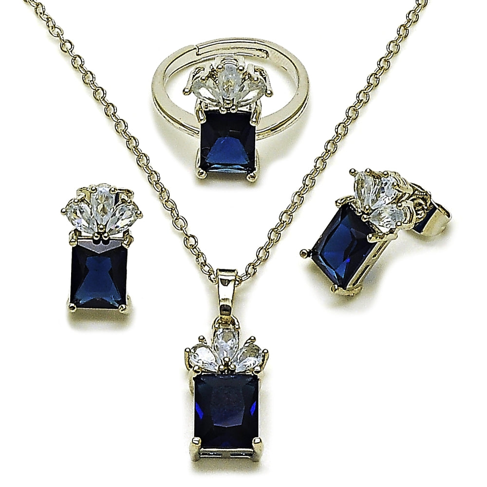 Rhodium Gold Filled Necklace, Earring and Ring, Pineapple Design, with Sapphire Blue and White Cubic Zirconia, Polished, Rhodium Finish
