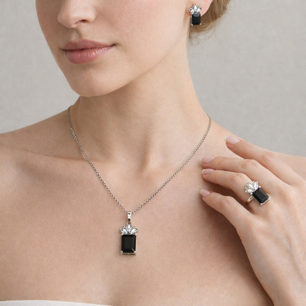 Rhodium Gold Filled Necklace, Earring and Ring, Pineapple Design, with Black and White Cubic Zirconia, Polished, Rhodium Finish
