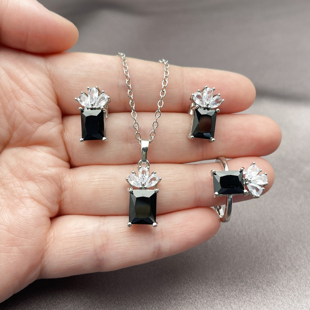 Rhodium Gold Filled Necklace, Earring and Ring, Pineapple Design, with Black and White Cubic Zirconia, Polished, Rhodium Finish