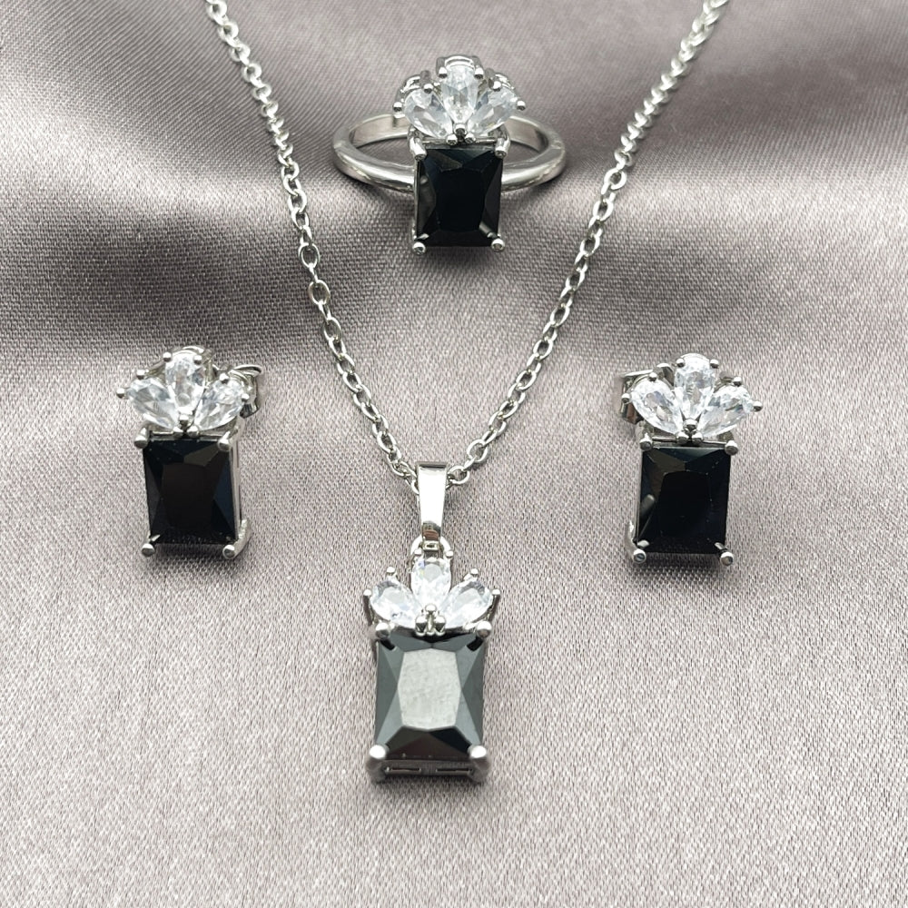 Rhodium Gold Filled Necklace, Earring and Ring, Pineapple Design, with Black and White Cubic Zirconia, Polished, Rhodium Finish