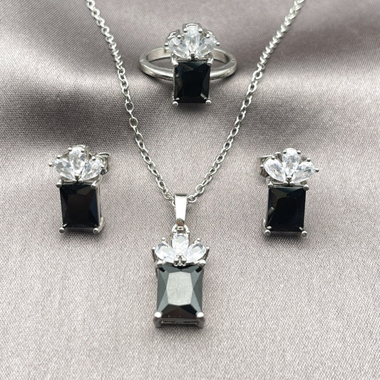 Rhodium Gold Filled Necklace, Earring and Ring, Pineapple Design, with Black and White Cubic Zirconia, Polished, Rhodium Finish