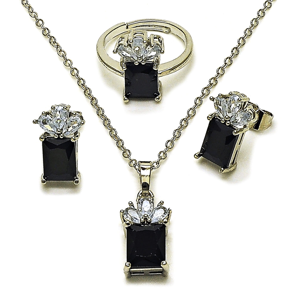 Rhodium Gold Filled Necklace, Earring and Ring, Pineapple Design, with Black and White Cubic Zirconia, Polished, Rhodium Finish