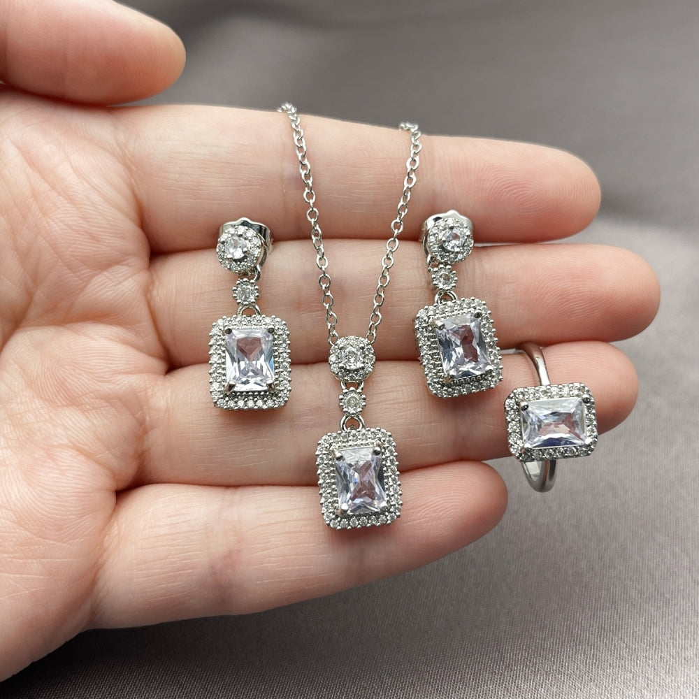 Rhodium Gold Filled Necklace, Earring and Ring, Cluster Design, with White Cubic Zirconia and White Micro Pave, Polished, Rhodium Finish
