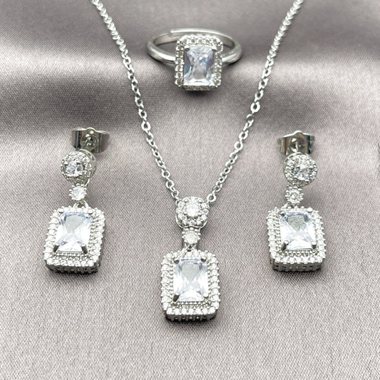 Rhodium Gold Filled Necklace, Earring and Ring, Cluster Design, with White Cubic Zirconia and White Micro Pave, Polished, Rhodium Finish