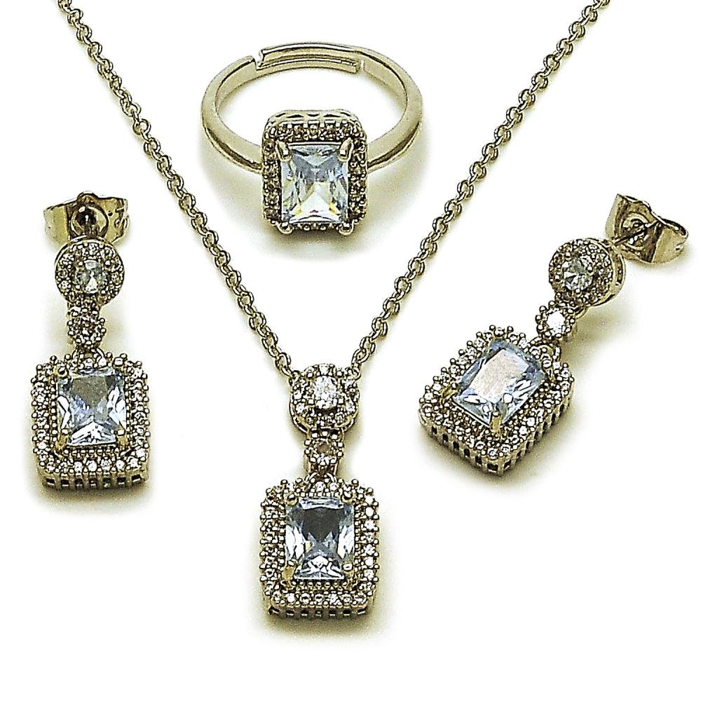 Rhodium Gold Filled Necklace, Earring and Ring, Cluster Design, with White Cubic Zirconia and White Micro Pave, Polished, Rhodium Finish