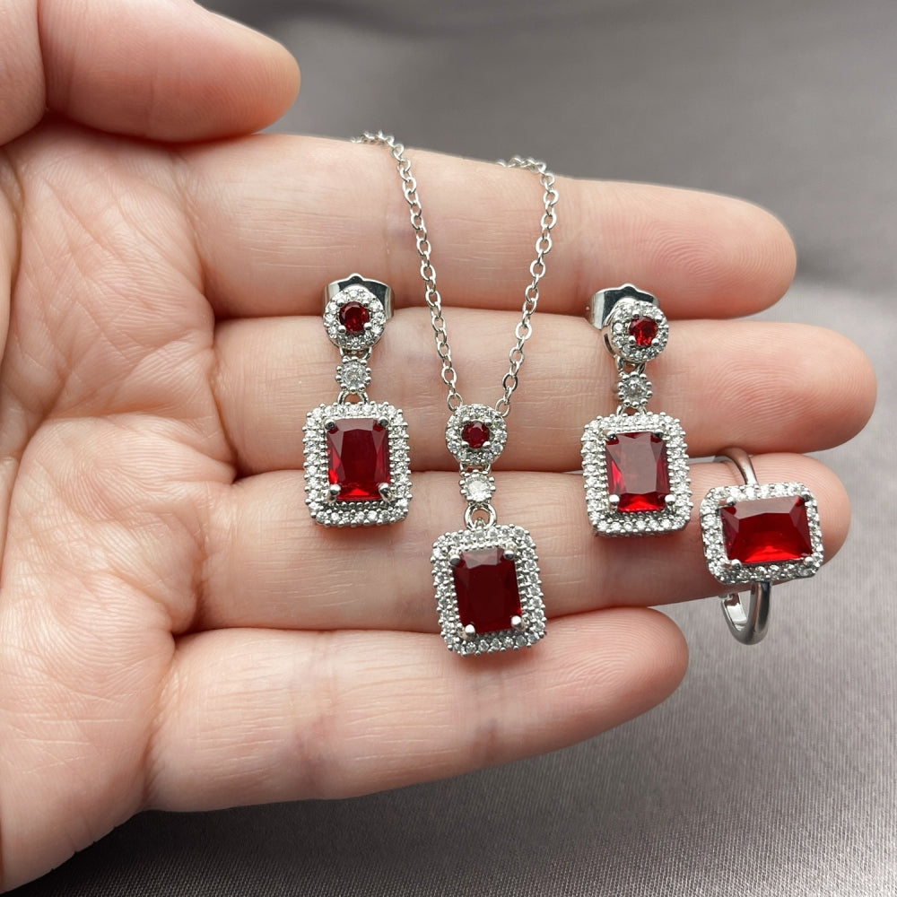 Rhodium Gold Filled Necklace, Earring and Ring, Cluster Design, with Garnet Cubic Zirconia and White Micro Pave, Polished, Rhodium Finish