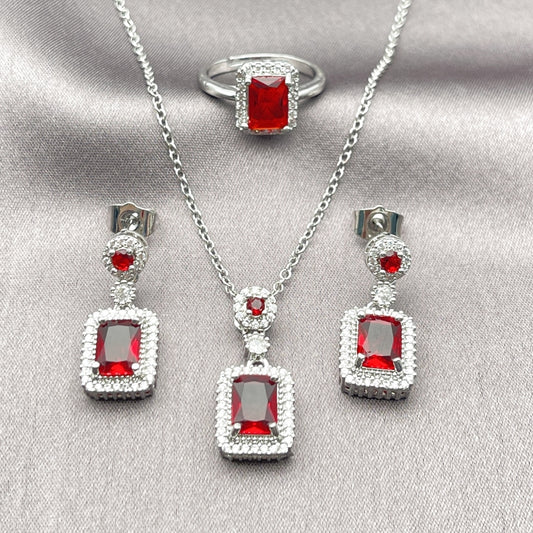 Rhodium Gold Filled Necklace, Earring and Ring, Cluster Design, with Garnet Cubic Zirconia and White Micro Pave, Polished, Rhodium Finish