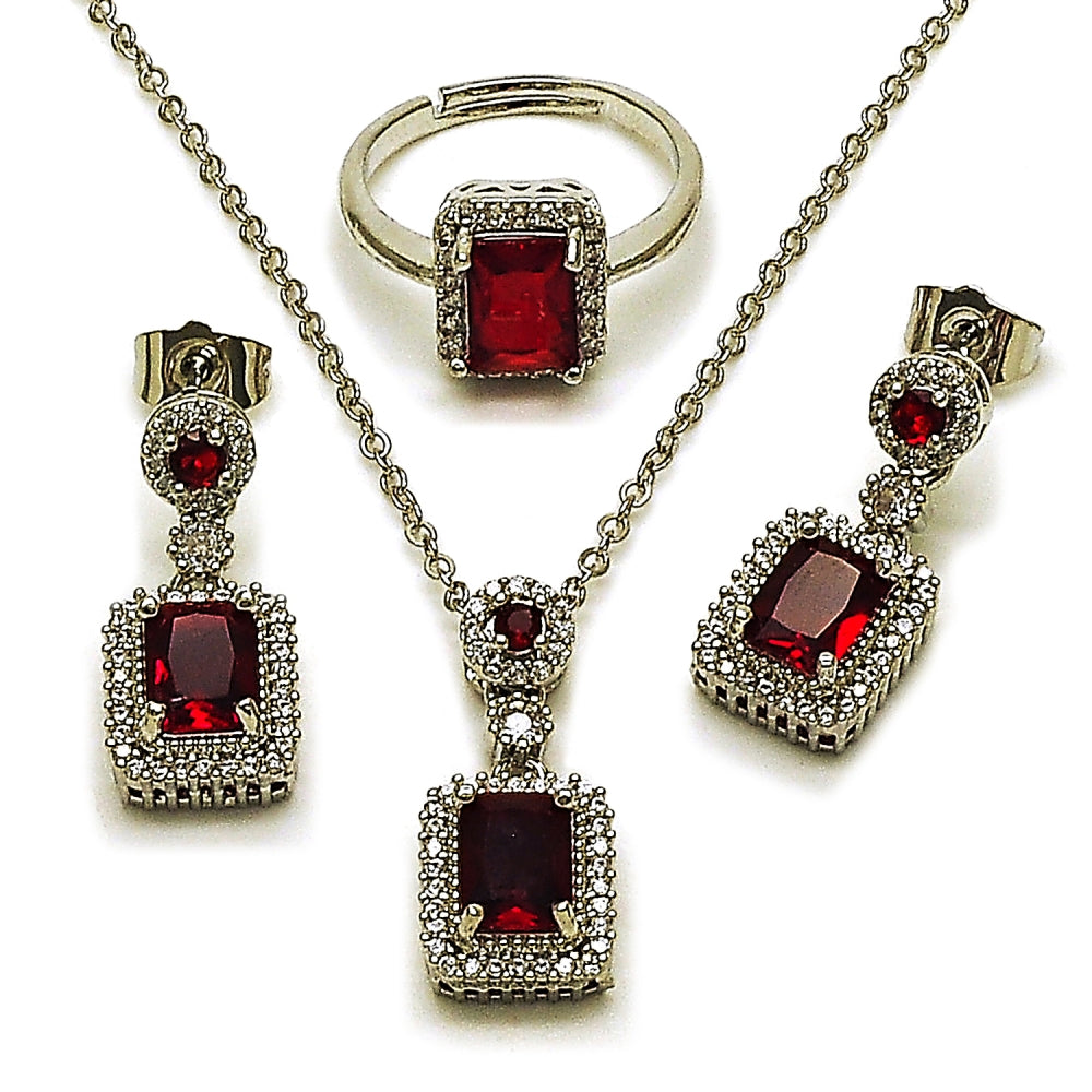 Rhodium Gold Filled Necklace, Earring and Ring, Cluster Design, with Garnet Cubic Zirconia and White Micro Pave, Polished, Rhodium Finish