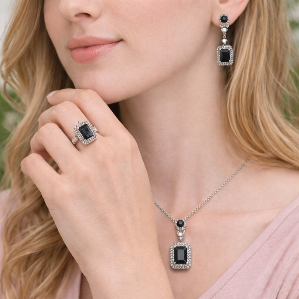 Rhodium Gold Filled Necklace, Earring and Ring, Cluster Design, with Black Cubic Zirconia and White Micro Pave, Polished, Rhodium Finish