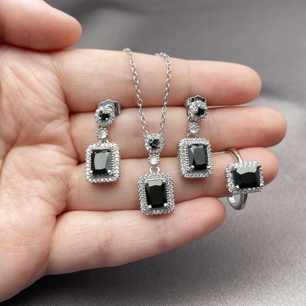 Rhodium Gold Filled Necklace, Earring and Ring, Cluster Design, with Black Cubic Zirconia and White Micro Pave, Polished, Rhodium Finish