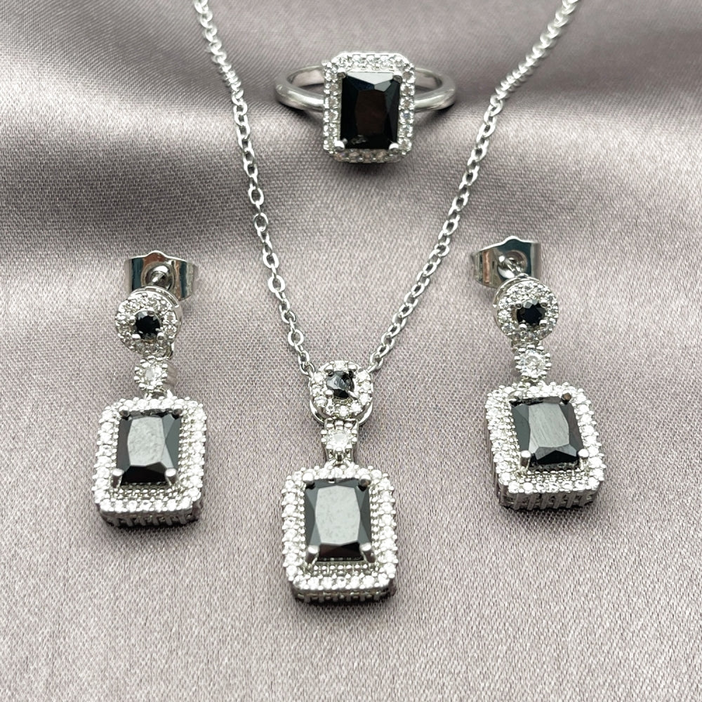 Rhodium Gold Filled Necklace, Earring and Ring, Cluster Design, with Black Cubic Zirconia and White Micro Pave, Polished, Rhodium Finish