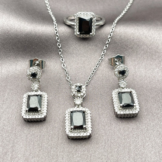 Rhodium Gold Filled Necklace, Earring and Ring, Cluster Design, with Black Cubic Zirconia and White Micro Pave, Polished, Rhodium Finish