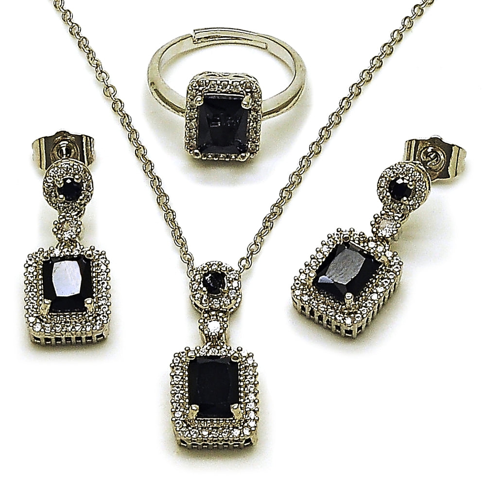Rhodium Gold Filled Necklace, Earring and Ring, Cluster Design, with Black Cubic Zirconia and White Micro Pave, Polished, Rhodium Finish
