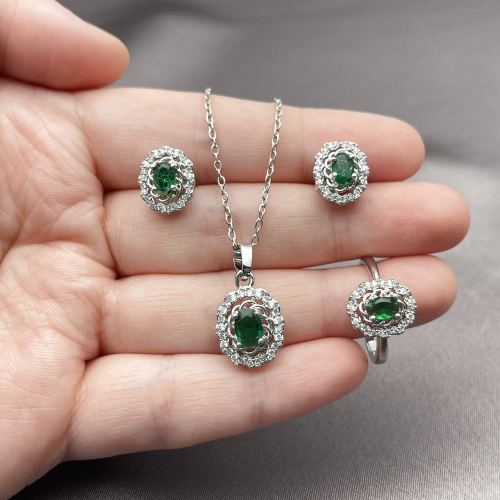 Rhodium Gold Filled Necklace, Earring and Ring, Cluster Design, with Green and White Cubic Zirconia, Polished, Rhodium Finish