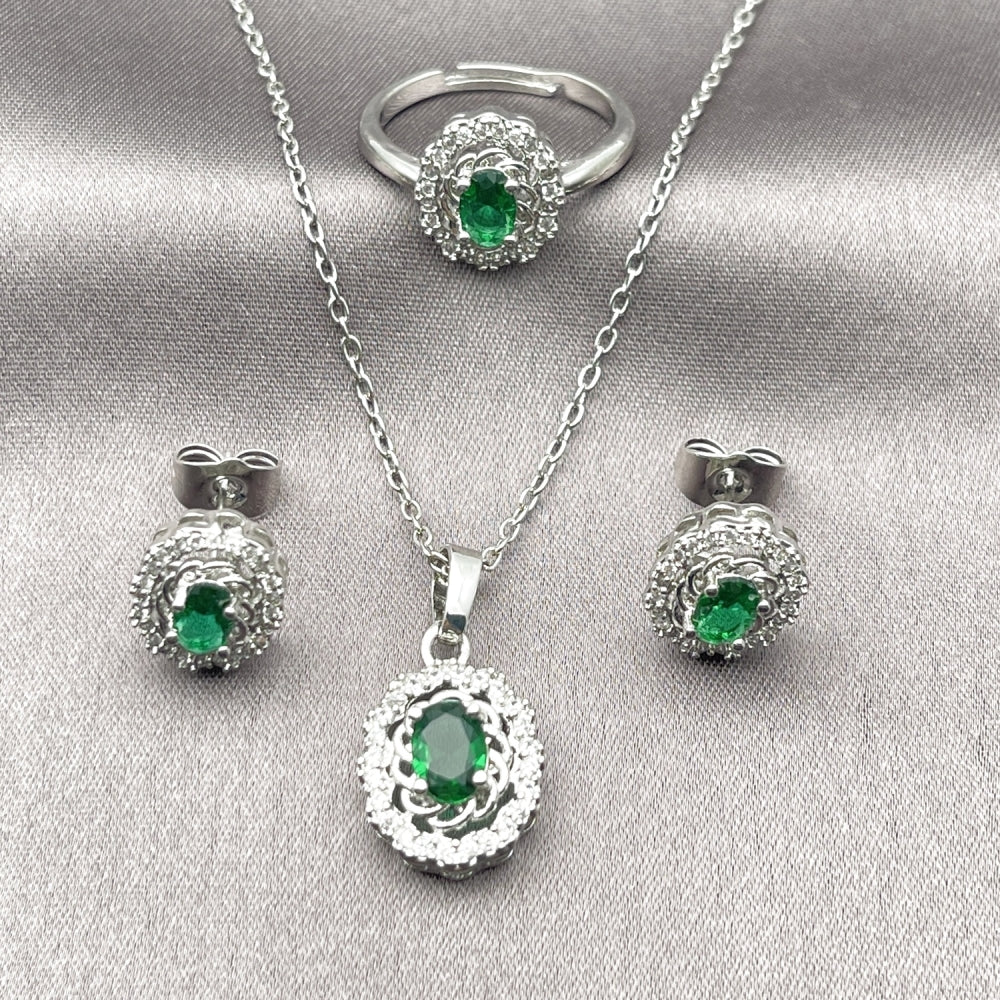 Rhodium Gold Filled Necklace, Earring and Ring, Cluster Design, with Green and White Cubic Zirconia, Polished, Rhodium Finish