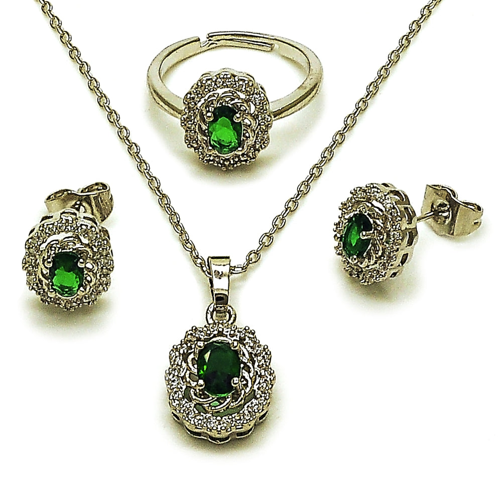 Rhodium Gold Filled Necklace, Earring and Ring, Cluster Design, with Green and White Cubic Zirconia, Polished, Rhodium Finish