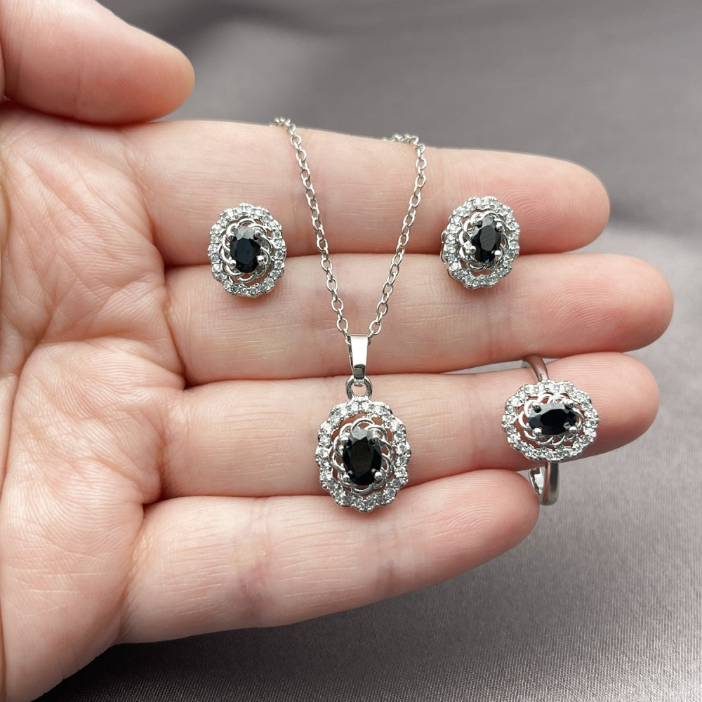 Rhodium Gold Filled Necklace, Earring and Ring, Cluster Design, with Black and White Cubic Zirconia, Polished, Rhodium Finish