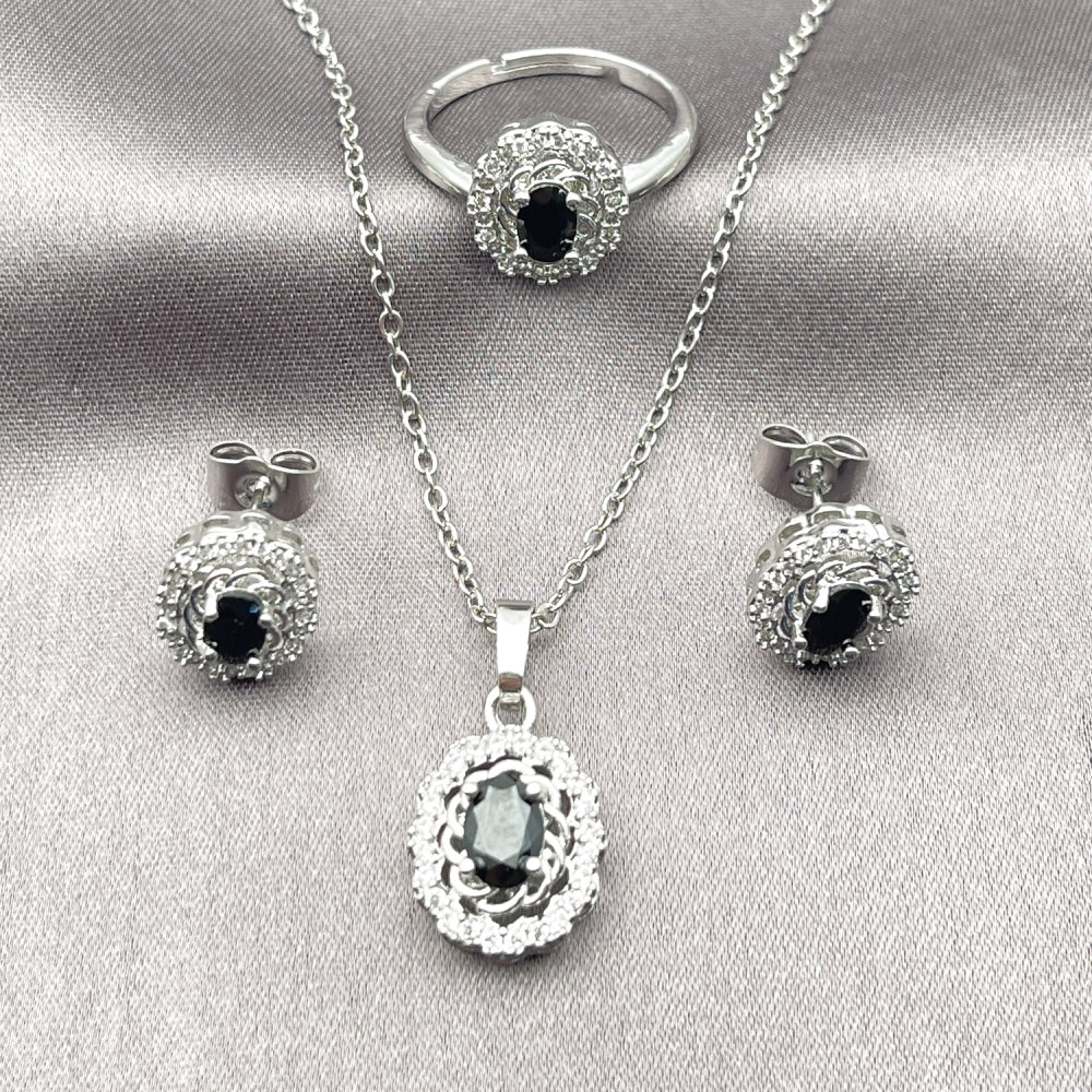 Rhodium Gold Filled Necklace, Earring and Ring, Cluster Design, with Black and White Cubic Zirconia, Polished, Rhodium Finish