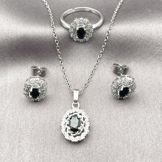 Rhodium Gold Filled Necklace, Earring and Ring, Cluster Design, with Black and White Cubic Zirconia, Polished, Rhodium Finish