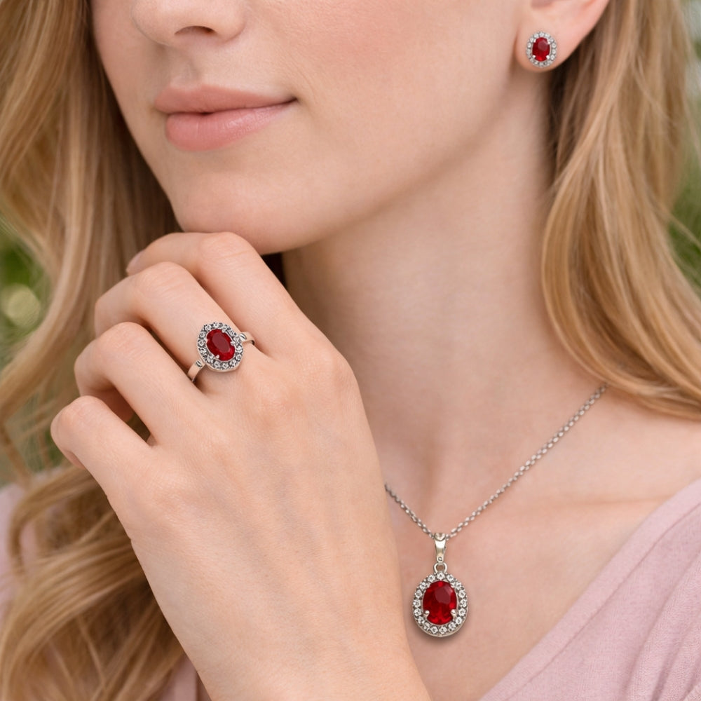 Rhodium Gold Filled Necklace, Earring and Ring, Cluster Design, with Garnet and White Cubic Zirconia, Polished, Rhodium Finish