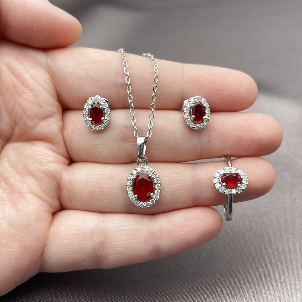 Rhodium Gold Filled Necklace, Earring and Ring, Cluster Design, with Garnet and White Cubic Zirconia, Polished, Rhodium Finish