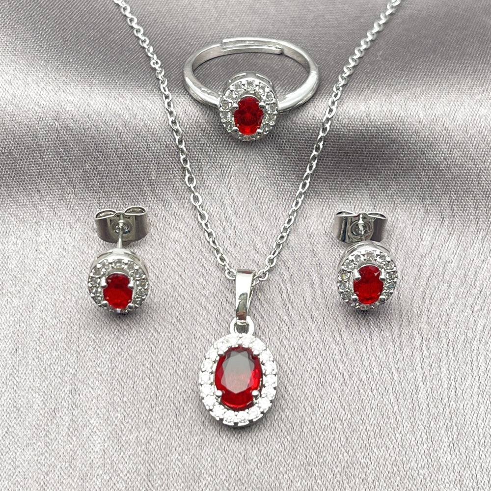 Rhodium Gold Filled Necklace, Earring and Ring, Cluster Design, with Garnet and White Cubic Zirconia, Polished, Rhodium Finish
