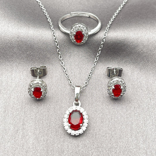 Rhodium Gold Filled Necklace, Earring and Ring, Cluster Design, with Garnet and White Cubic Zirconia, Polished, Rhodium Finish