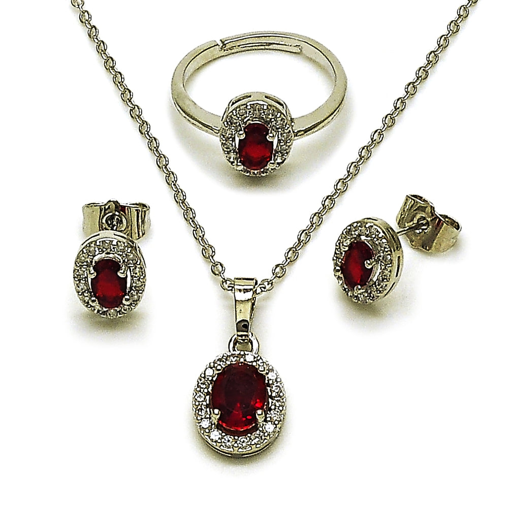 Rhodium Gold Filled Necklace, Earring and Ring, Cluster Design, with Garnet and White Cubic Zirconia, Polished, Rhodium Finish