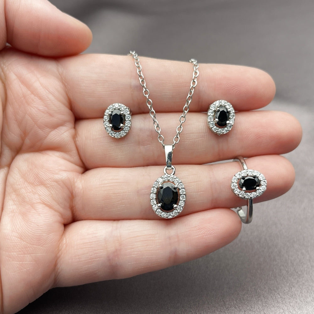 Rhodium Gold Filled Necklace, Earring and Ring, Cluster Design, with Black and White Cubic Zirconia, Polished, Rhodium Finish