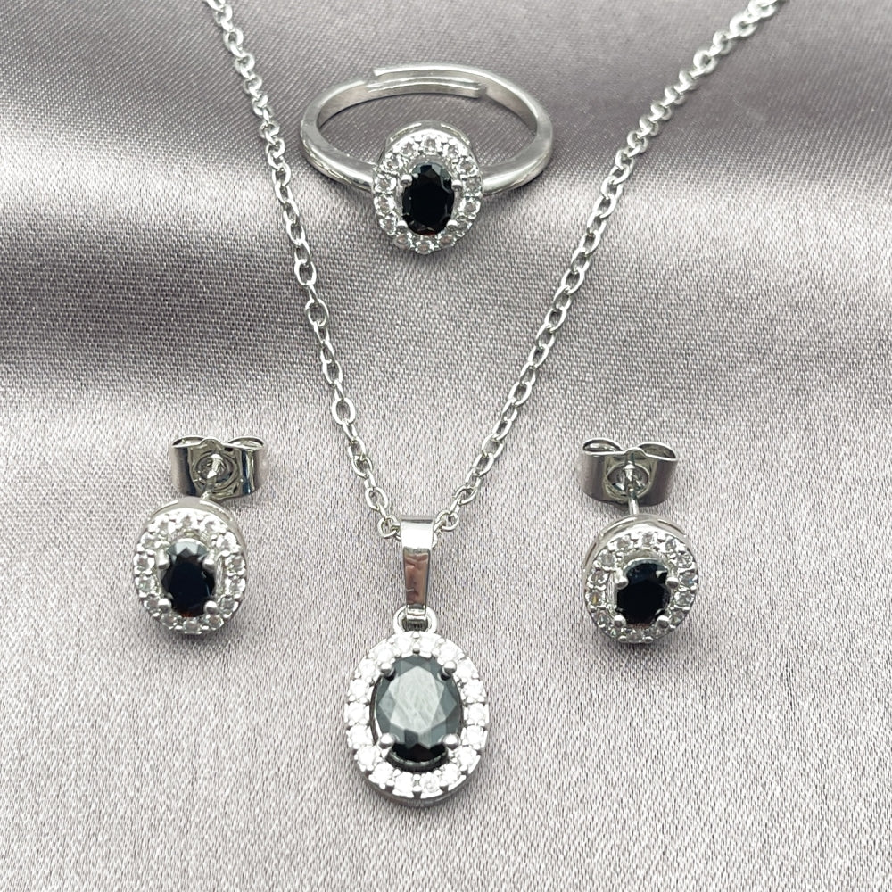 Rhodium Gold Filled Necklace, Earring and Ring, Cluster Design, with Black and White Cubic Zirconia, Polished, Rhodium Finish
