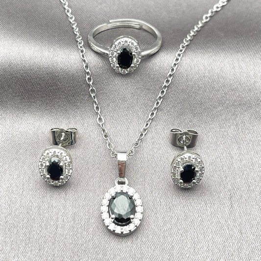 Rhodium Gold Filled Necklace, Earring and Ring, Cluster Design, with Black and White Cubic Zirconia, Polished, Rhodium Finish