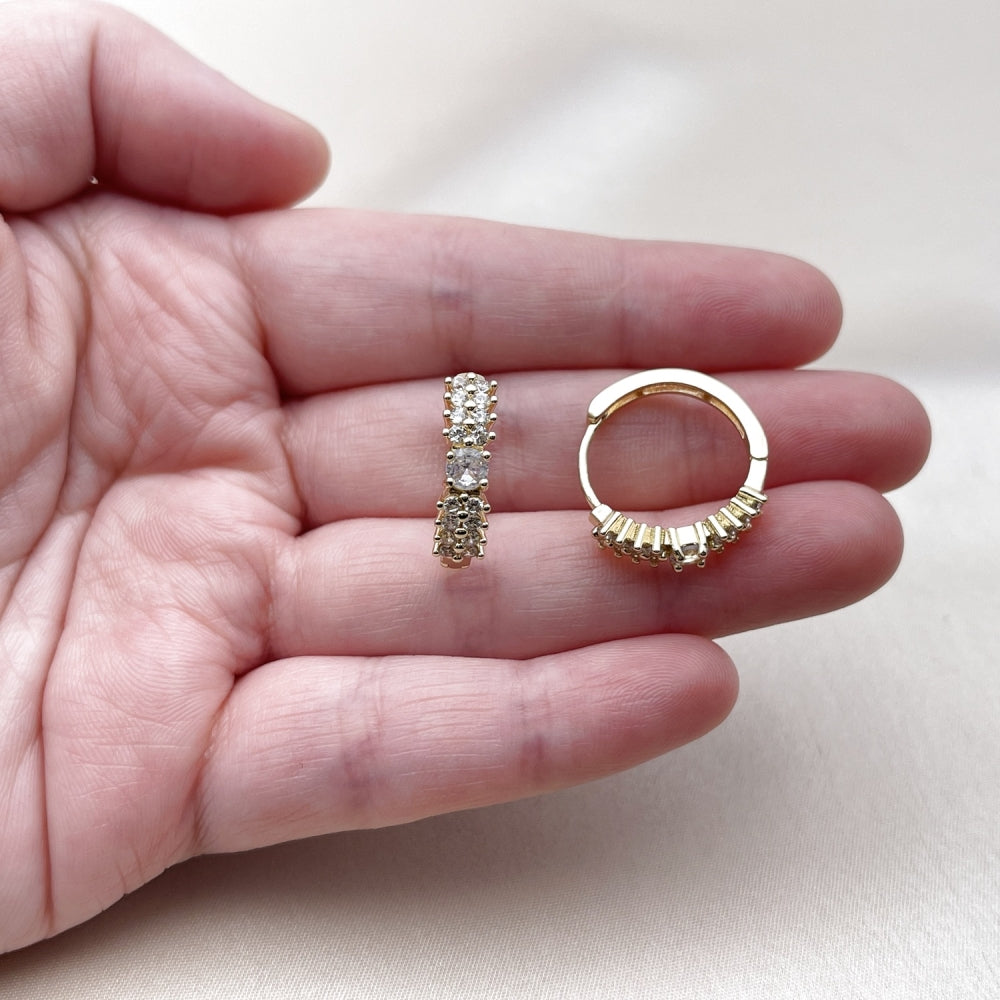 Oro Laminado Huggie Hoop, Gold Filled Style with White Cubic Zirconia, Polished, Golden Finish