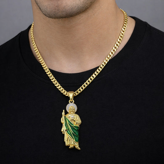Oro Laminado Religious Pendant, Gold Filled Style San Judas Design, Polished, Tricolor