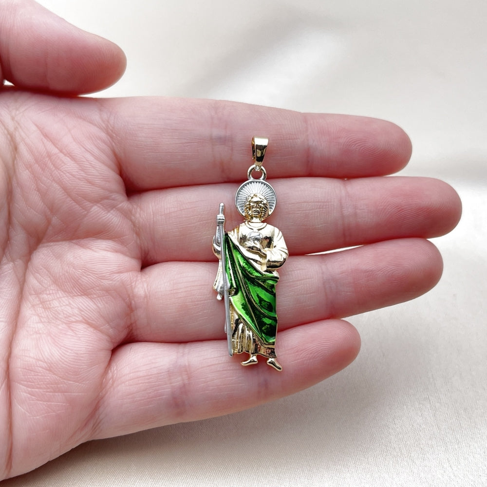 Oro Laminado Religious Pendant, Gold Filled Style San Judas Design, Polished, Tricolor